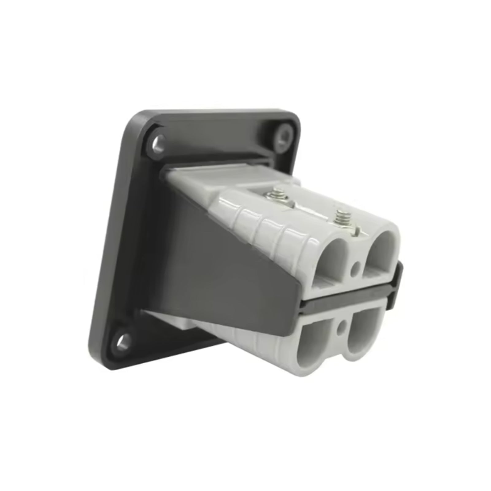 Rear view of panel showing screw terminals on the back of two grey 50A connectors