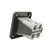 Rear view of panel showing screw terminals on the back of two grey 50A connectors