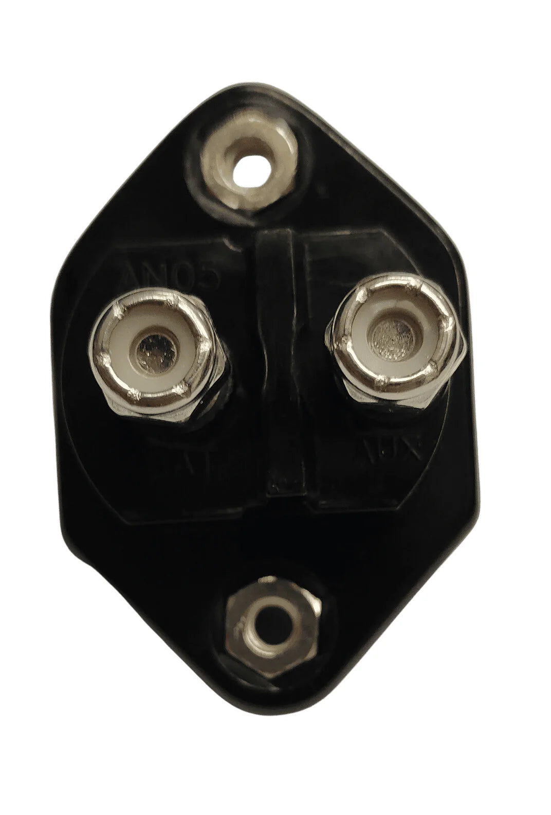 Rear view of circuit breaker housing showing two threaded stainless steel stud terminals for electrical connection