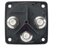 Rear view of battery switch showing three tinned copper terminal studs labeled Output, 1, and 2
