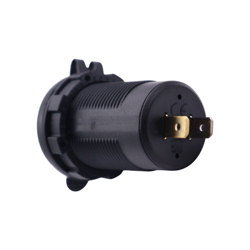 Rear of socket housing displaying positive and negative spade terminals for DC 12V-24V input