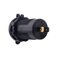 Rear of socket housing displaying positive and negative spade terminals for DC 12V-24V input