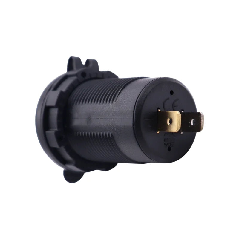 Rear of socket housing displaying positive and negative spade terminals for DC 12V-24V input