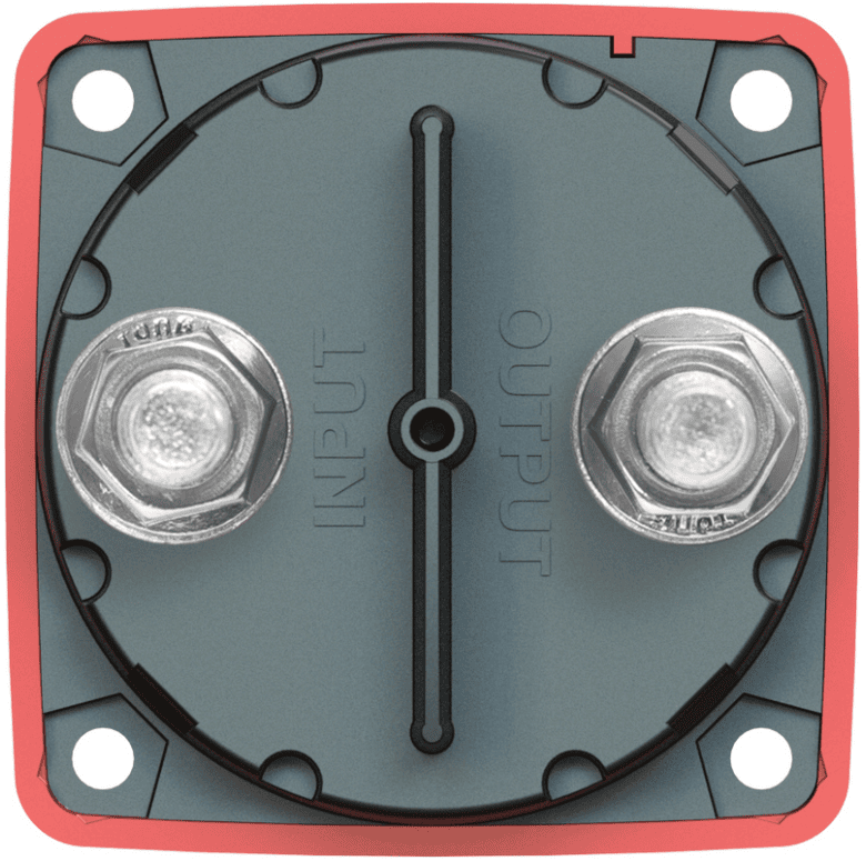 Rear view of battery switch showing tinned copper input and output studs and mounting holes