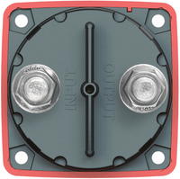 Rear view of battery switch showing tinned copper input and output studs and mounting holes