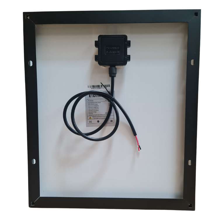 Rear view of 20W solar panel showing junction box, specs label and mounting holes
