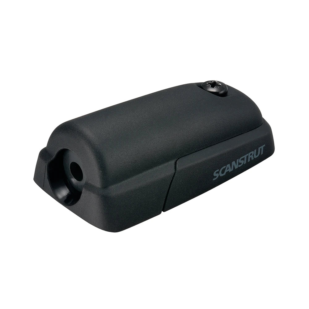 Rear perspective of a black low-profile marine cable seal showing the horizontal entry port