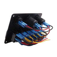 Rear view of switch panel displaying pre-wired harness with connectors and fuses