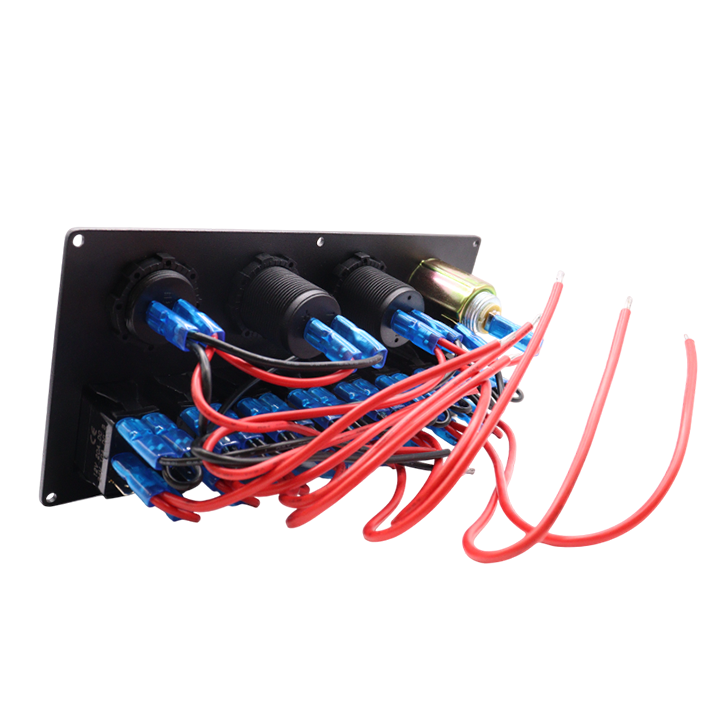 Back of the switch panel displaying the pre-wired connections, fuse holder and insulated terminals