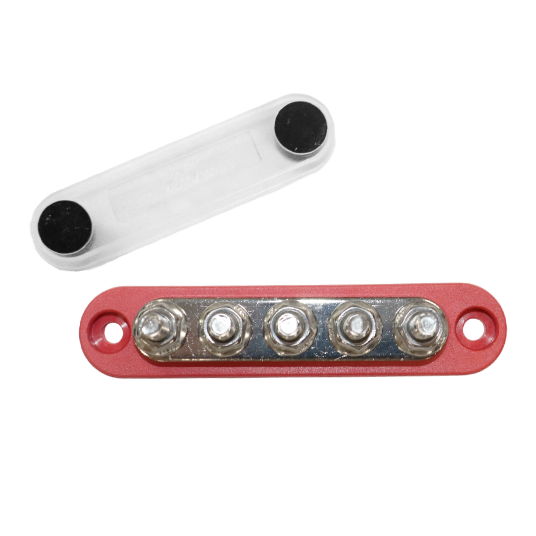Top-down view of red 5-stud busbar with clear protective cover removed