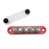 Top-down view of red 5-stud busbar with clear protective cover removed
