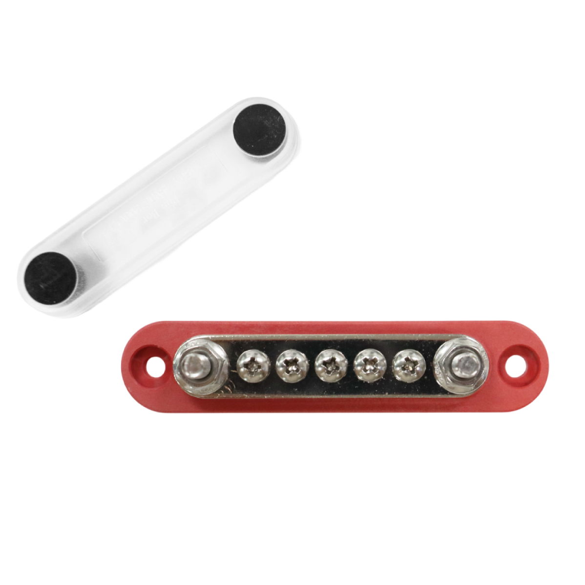Top-down view of red 150A busbar with transparent cover removed showing stud and screw terminals