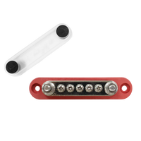 Top-down view of red 150A busbar with transparent cover removed showing stud and screw terminals