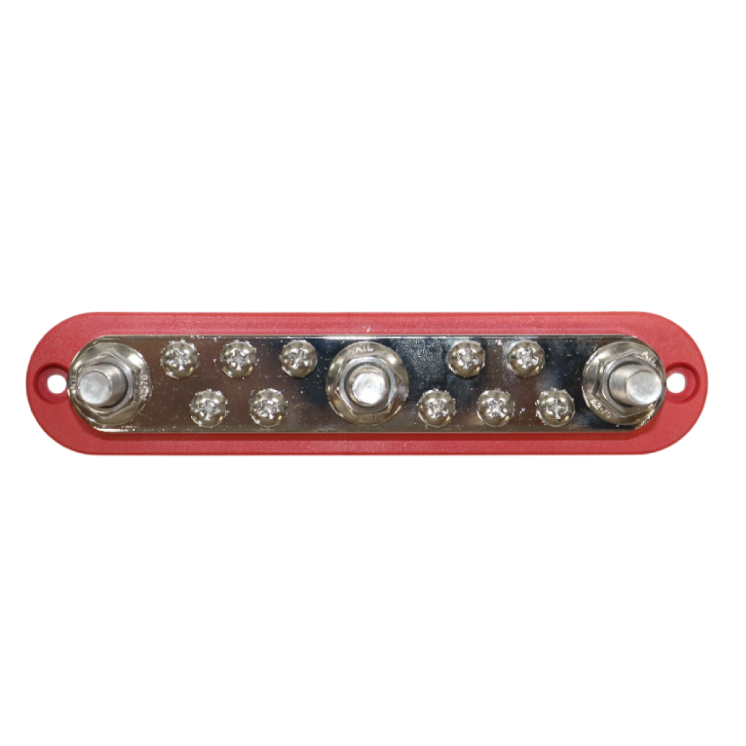Top-down view of 300A busbar showing three large studs and ten screw terminals