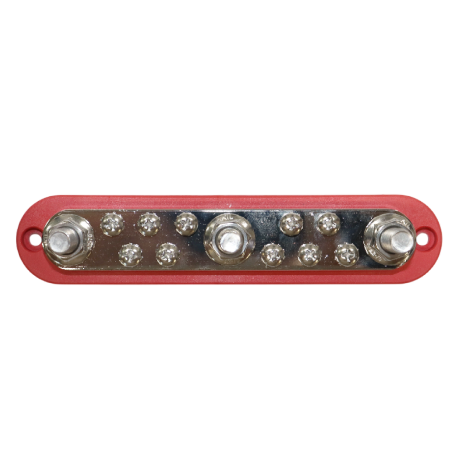 Top-down view of 300A busbar showing three large studs and ten screw terminals