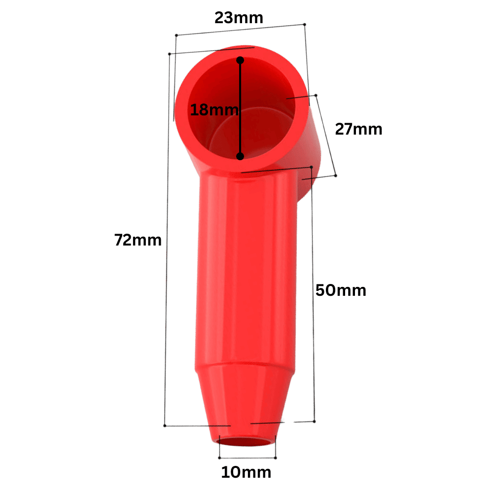 Technical dimensional drawing of red cable lug cover showing 18mm cap ID and 72mm total length