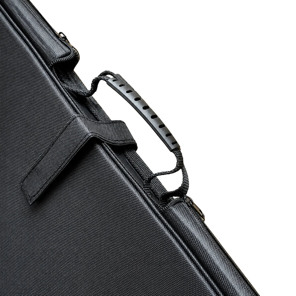 Close-up of the rugged plastic handle and durable fabric of the solar panel case
