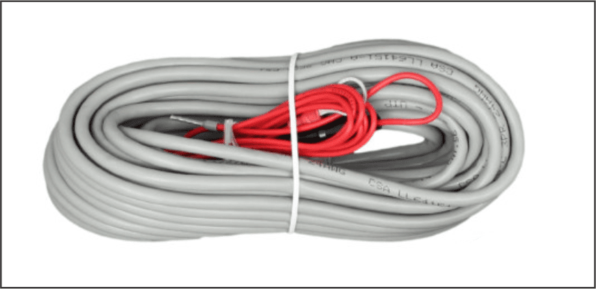 Coiled 10 metre grey communication cable and red fused power wire for battery monitor