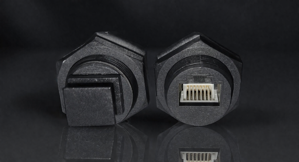 RJ45 bulkhead connectors shown with and without a Wakespeed dust cover installed