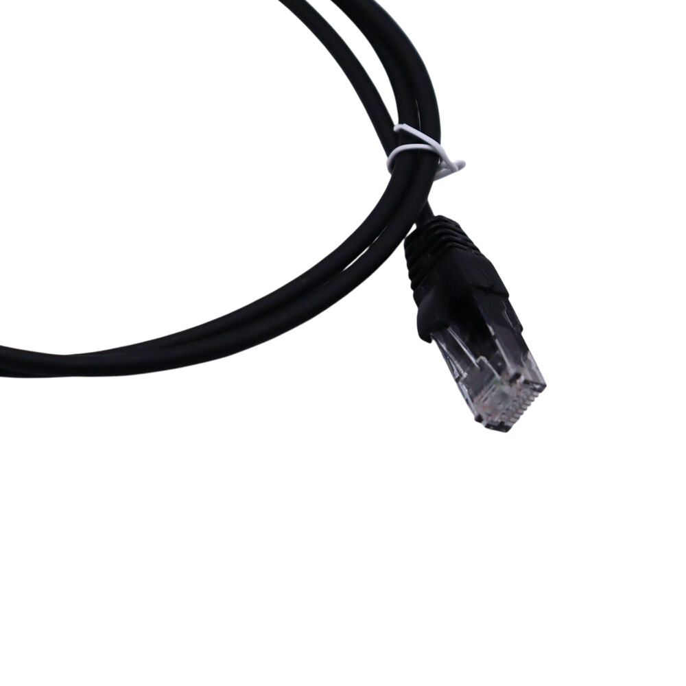 Close-up of black RJ45 connector showing strain relief boot