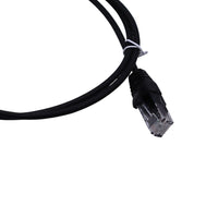 Close-up of black RJ45 connector showing strain relief boot