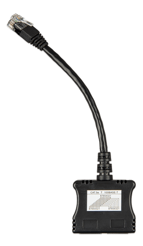 Top view of RJ45 splitter showing technical CAT 5e wiring pinout diagram
