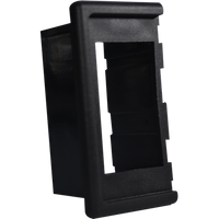 Side profile of a black rocker switch end mounting panel showing modular connection point