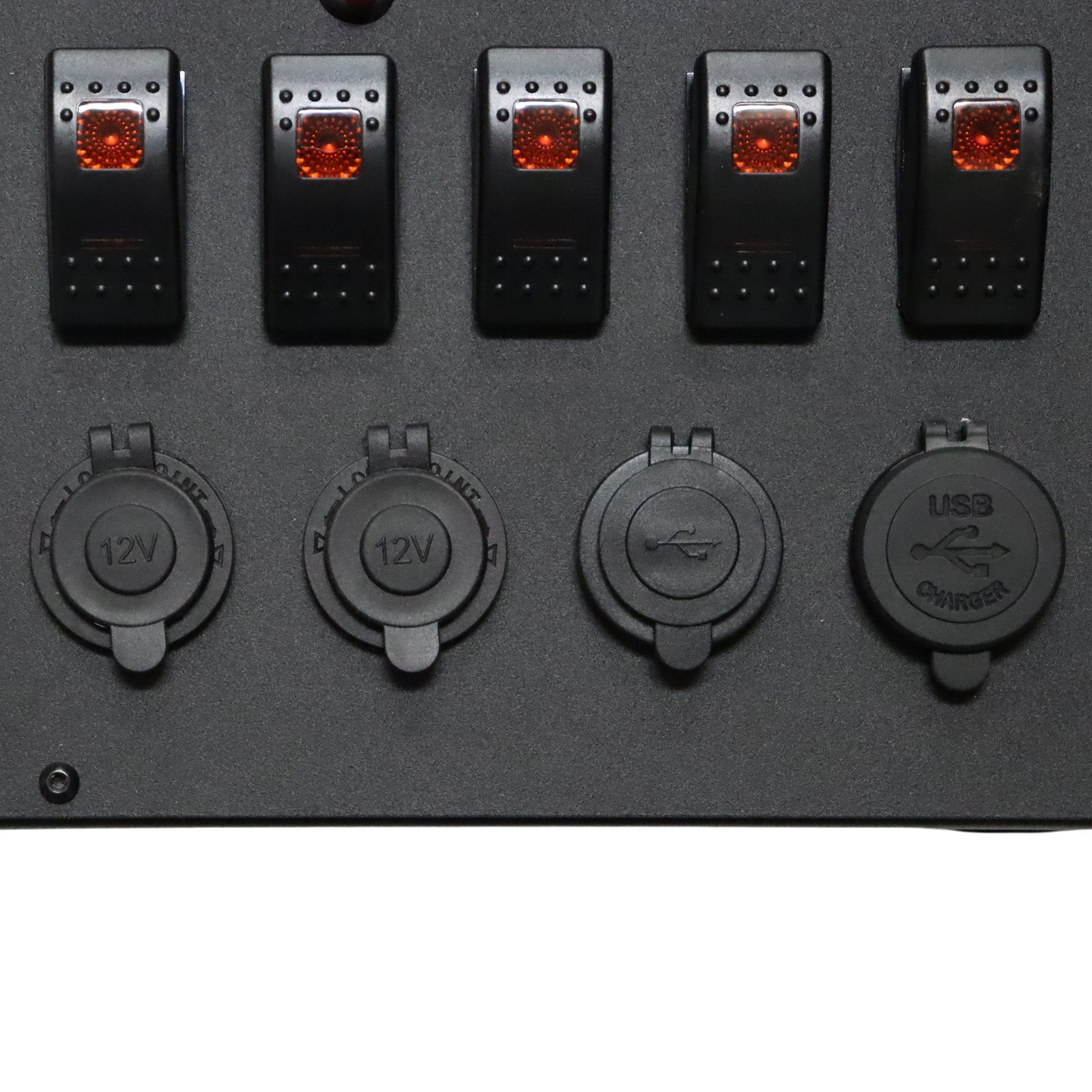 Close-up of rocker switches and waterproof caps on 12V and USB sockets