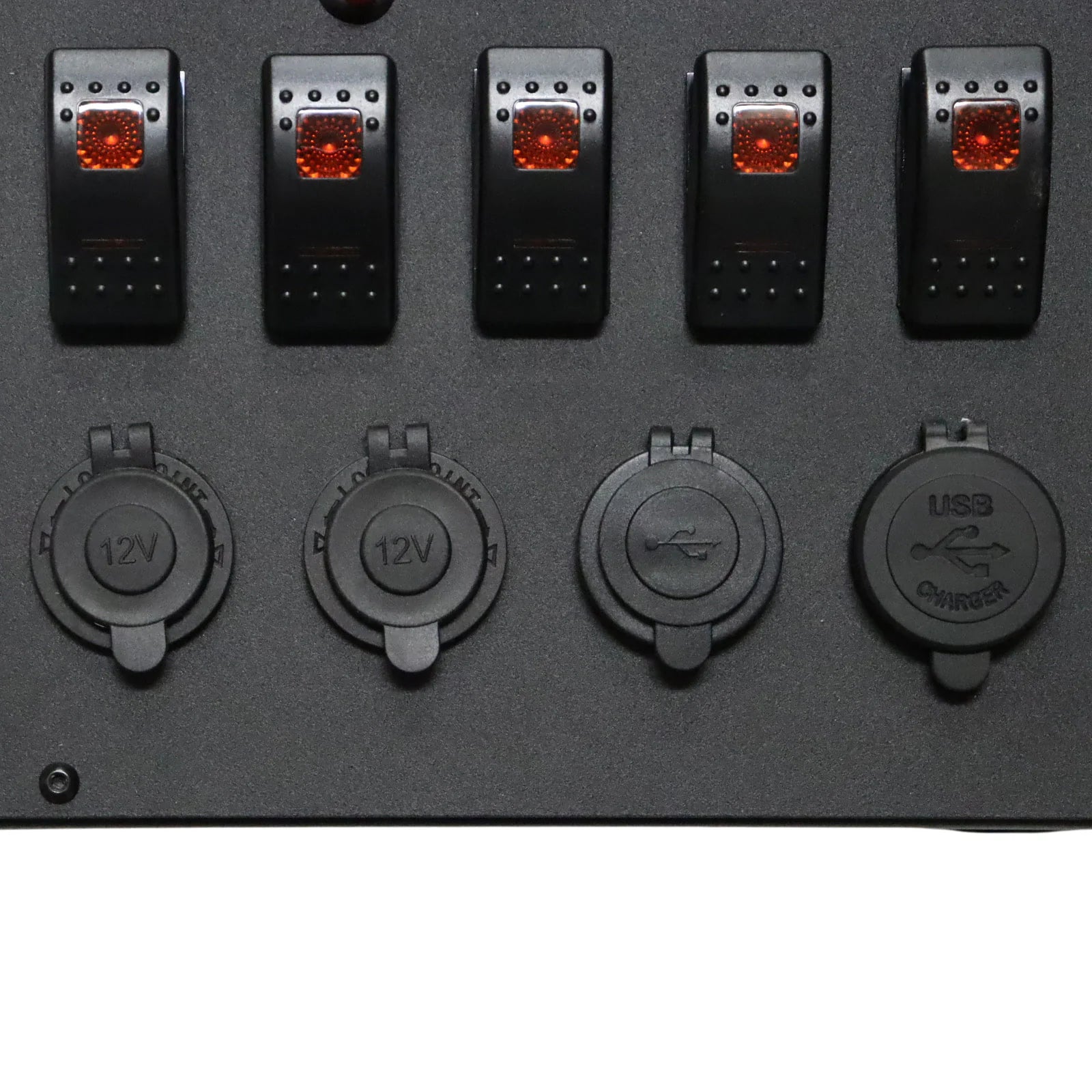 Close-up of rocker switches and waterproof caps on 12V and USB sockets