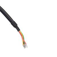 Close-up of six colour-coded stripped wire ends including Data +, Data - and Ground
