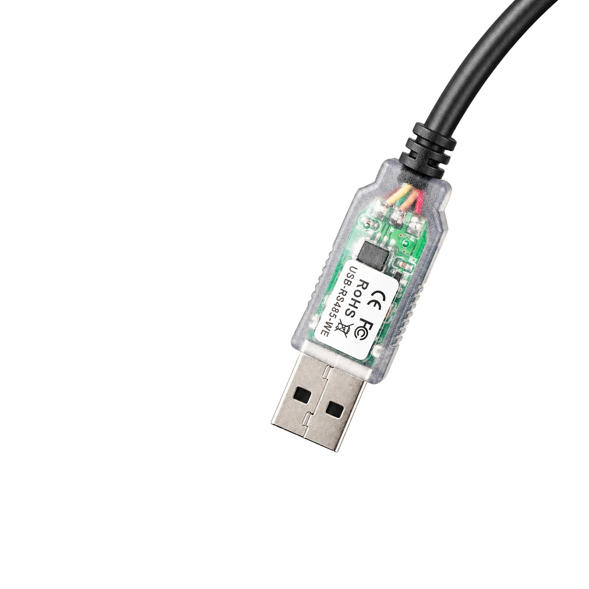 Close-up of the USB connector with a transparent housing revealing the internal PCB