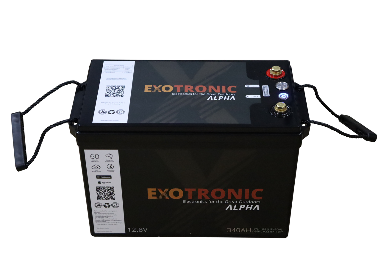 Front perspective of battery showing rugged casing and top interface panel