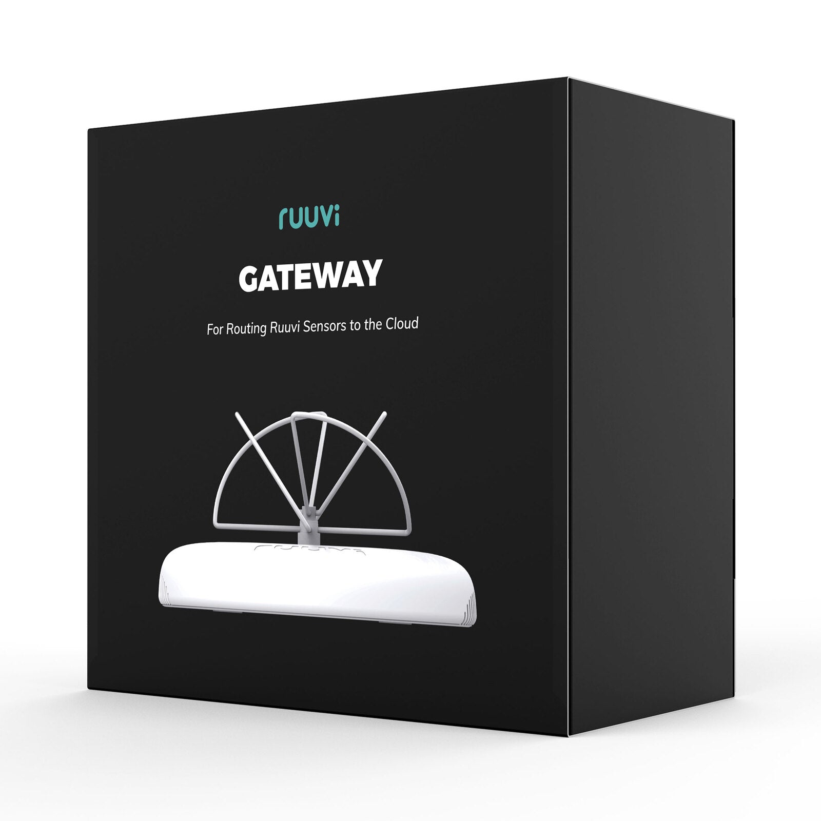 Black packaging box displaying the Ruuvi Gateway router and cloud routing text