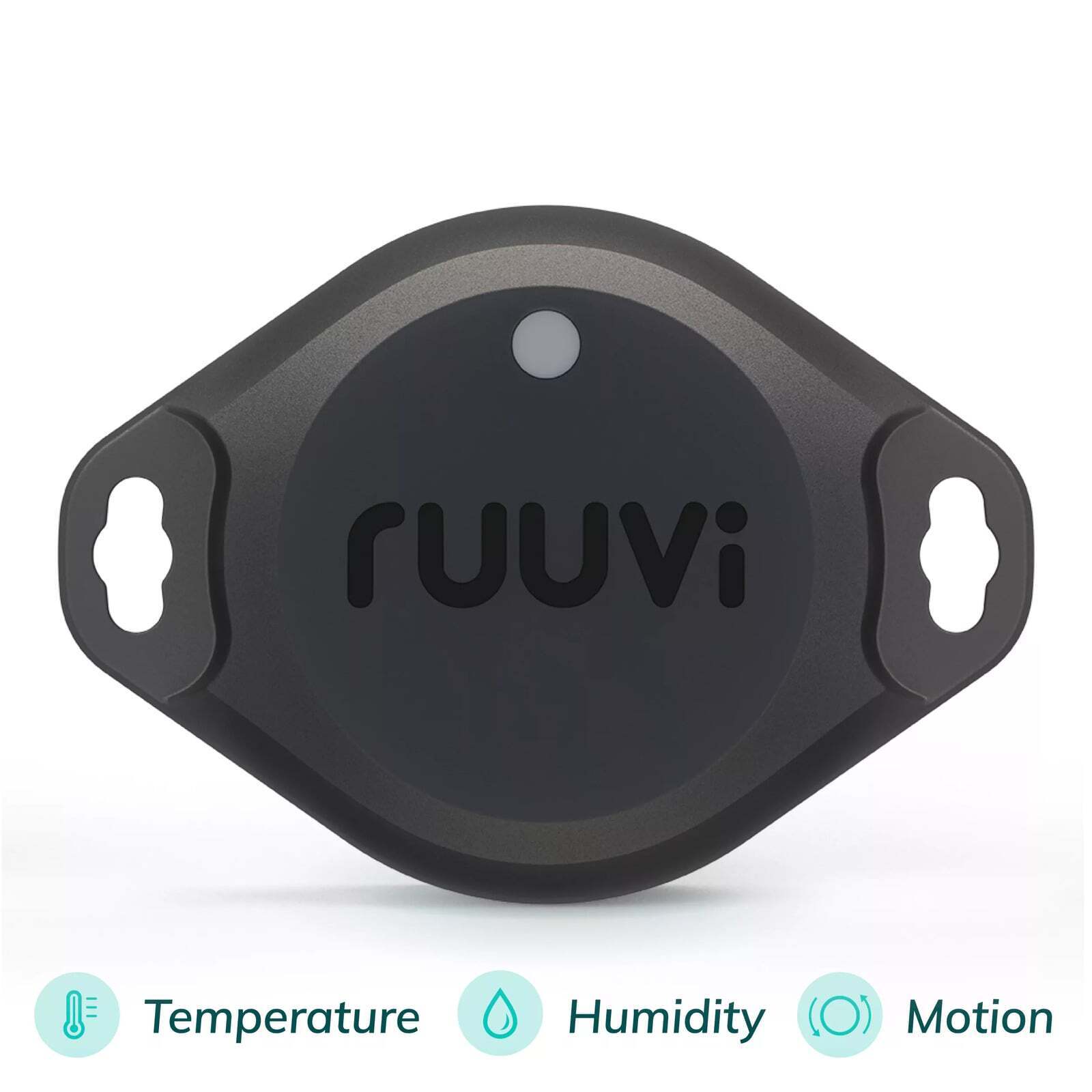 Front view of black oval RuuviTag Pro sensor with mounting ears and icons for temperature, humidity and motion