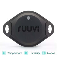 Front view of black oval RuuviTag Pro sensor with mounting ears and icons for temperature, humidity and motion