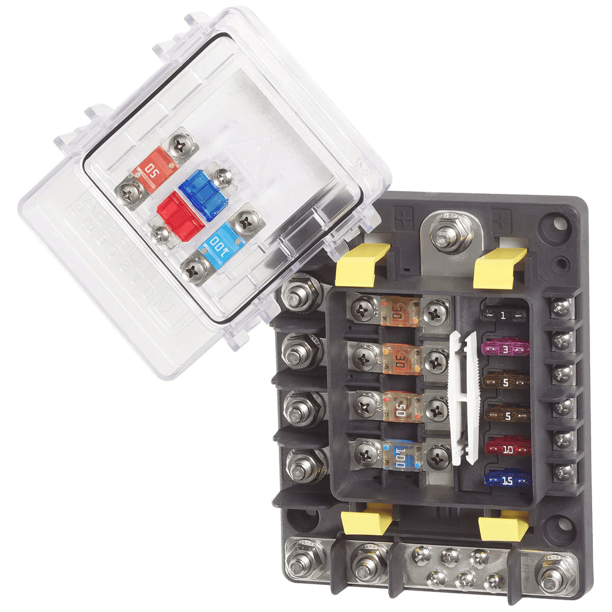 SafetyHub 150 with cover removed showing fuse layout for AMI and ATC fuses