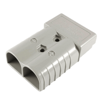 Close-up of grey SB350 connector housing showing polarity markings and Anderson branding