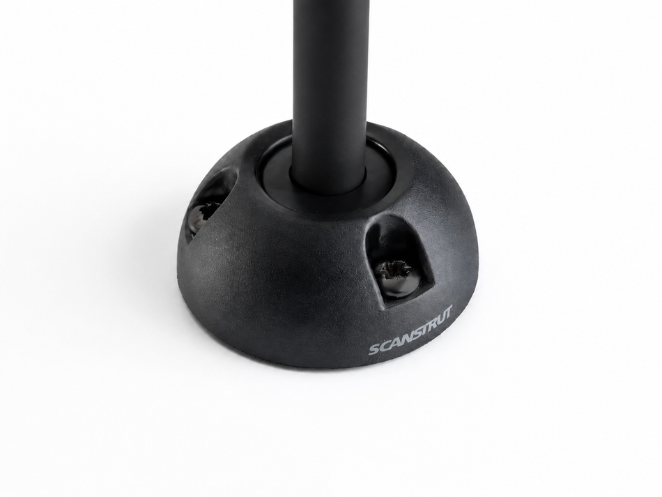 Black Scanstrut vertical cable seal with 21mm connector capacity and black cable on white background