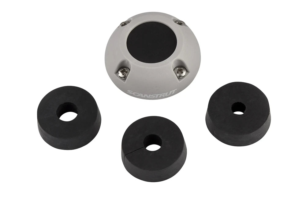 Scanstrut cable seal housing shown from above with three various sized black rubber bungs