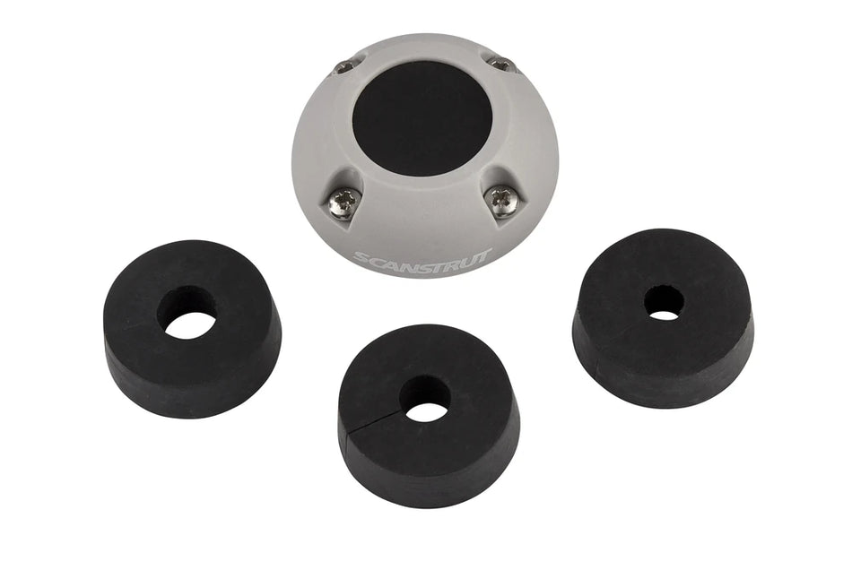 Scanstrut cable seal housing shown from above with three various sized black rubber bungs
