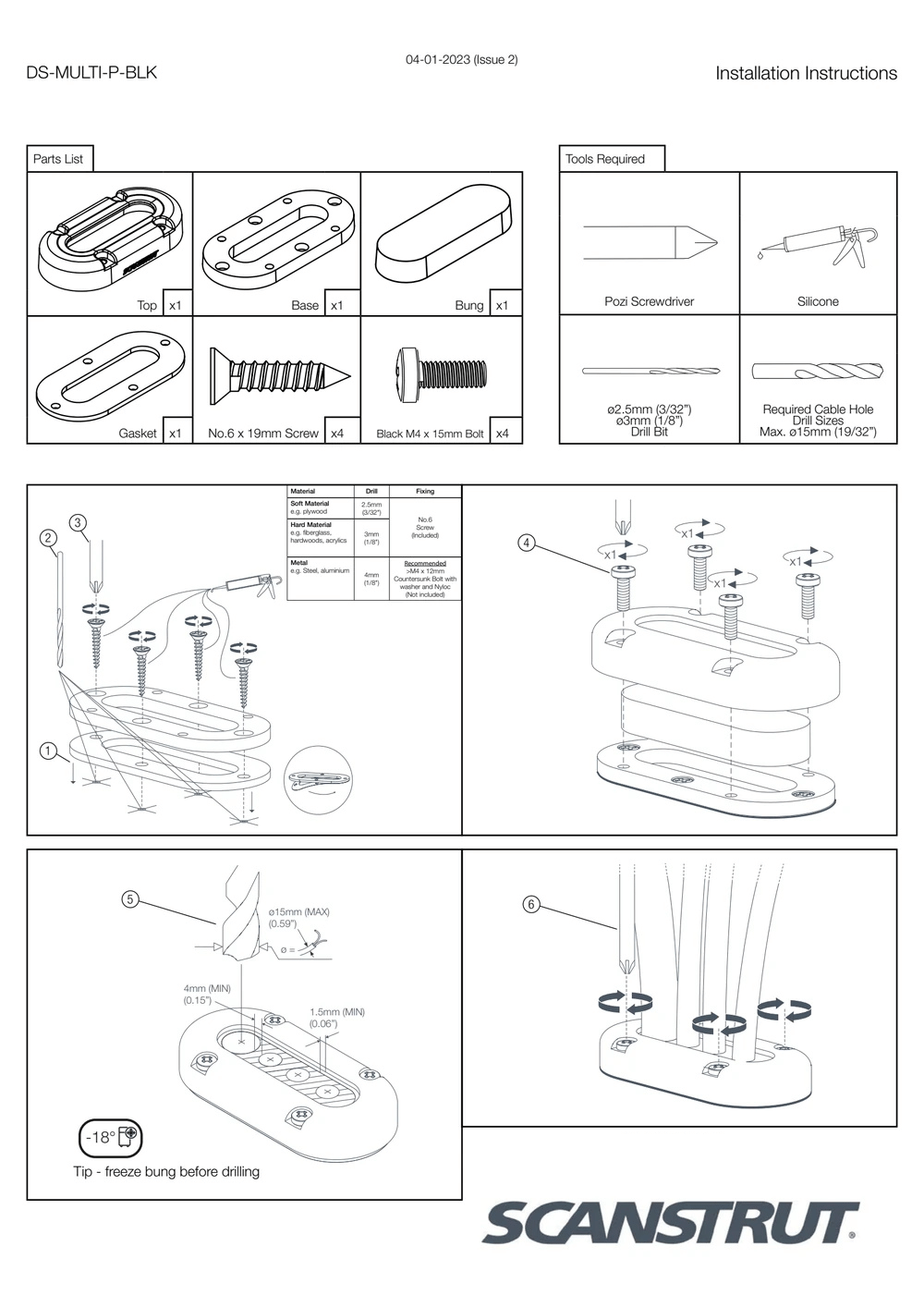 Step-by-step installation instructions and parts list diagram for the cable seal