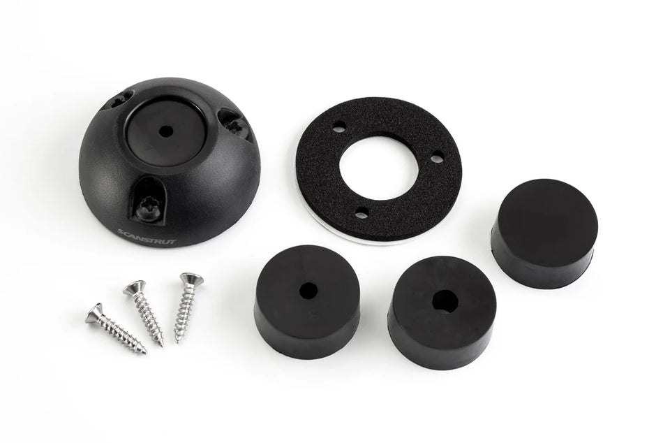 Kit components including black shell, foam gasket, rubber bungs and screws