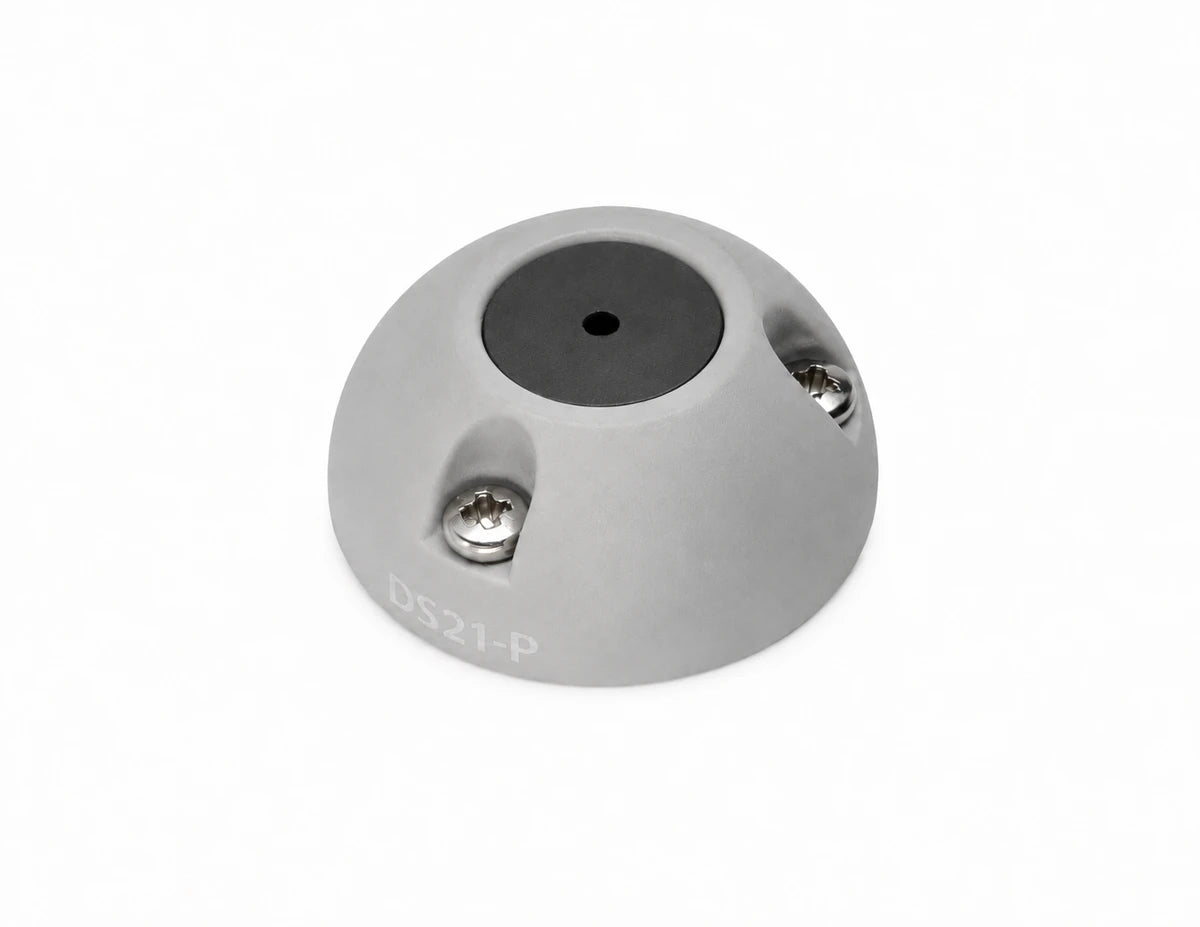 Close up of the grey Scanstrut cable seal shell with stainless steel screws