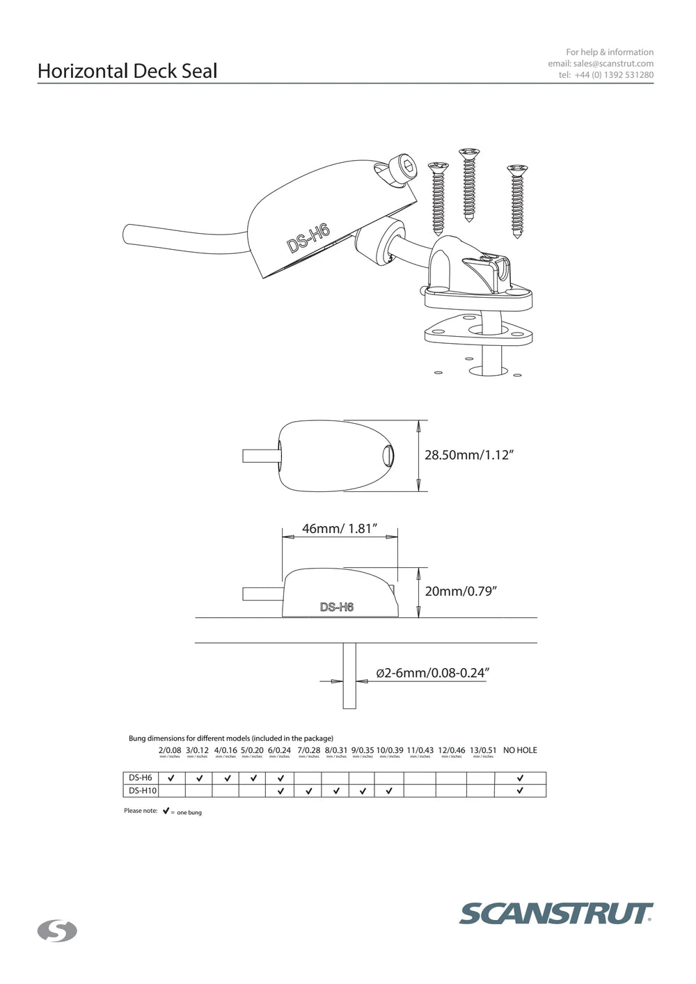 Dimensional drawing for DS-H6 horizontal cable seal with metric measurements