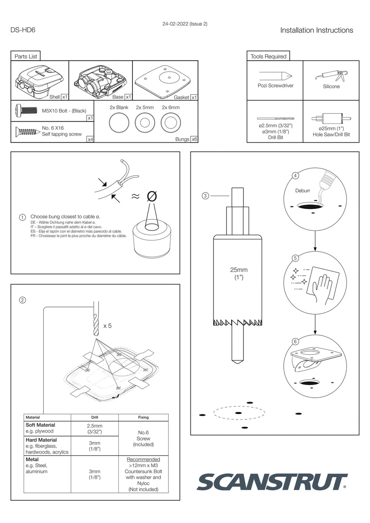 Step-by-step installation instructions for the Scanstrut DS-HD6 double cable seal