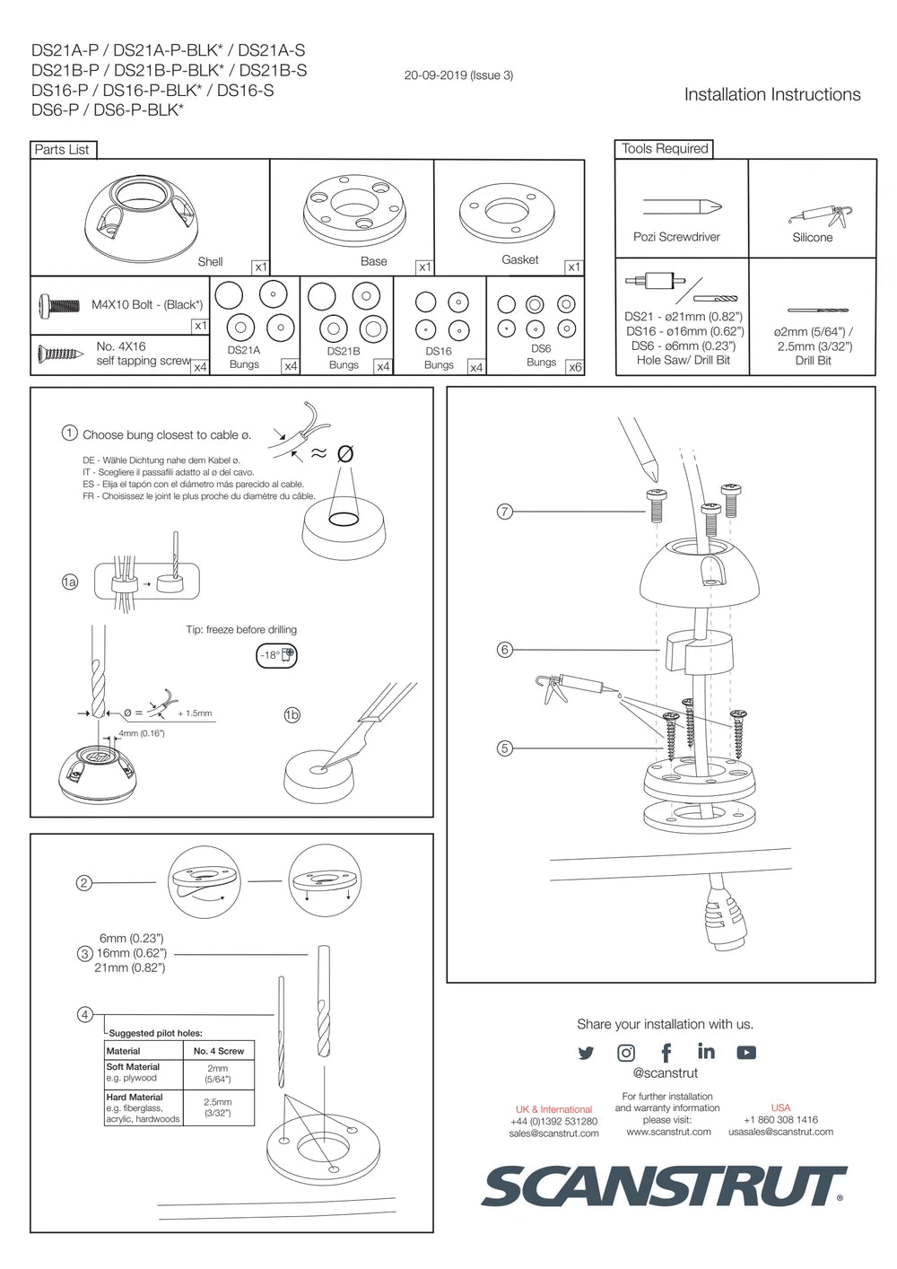 Installation manual diagram for Scanstrut DS6 vertical cable seals showing assembly steps