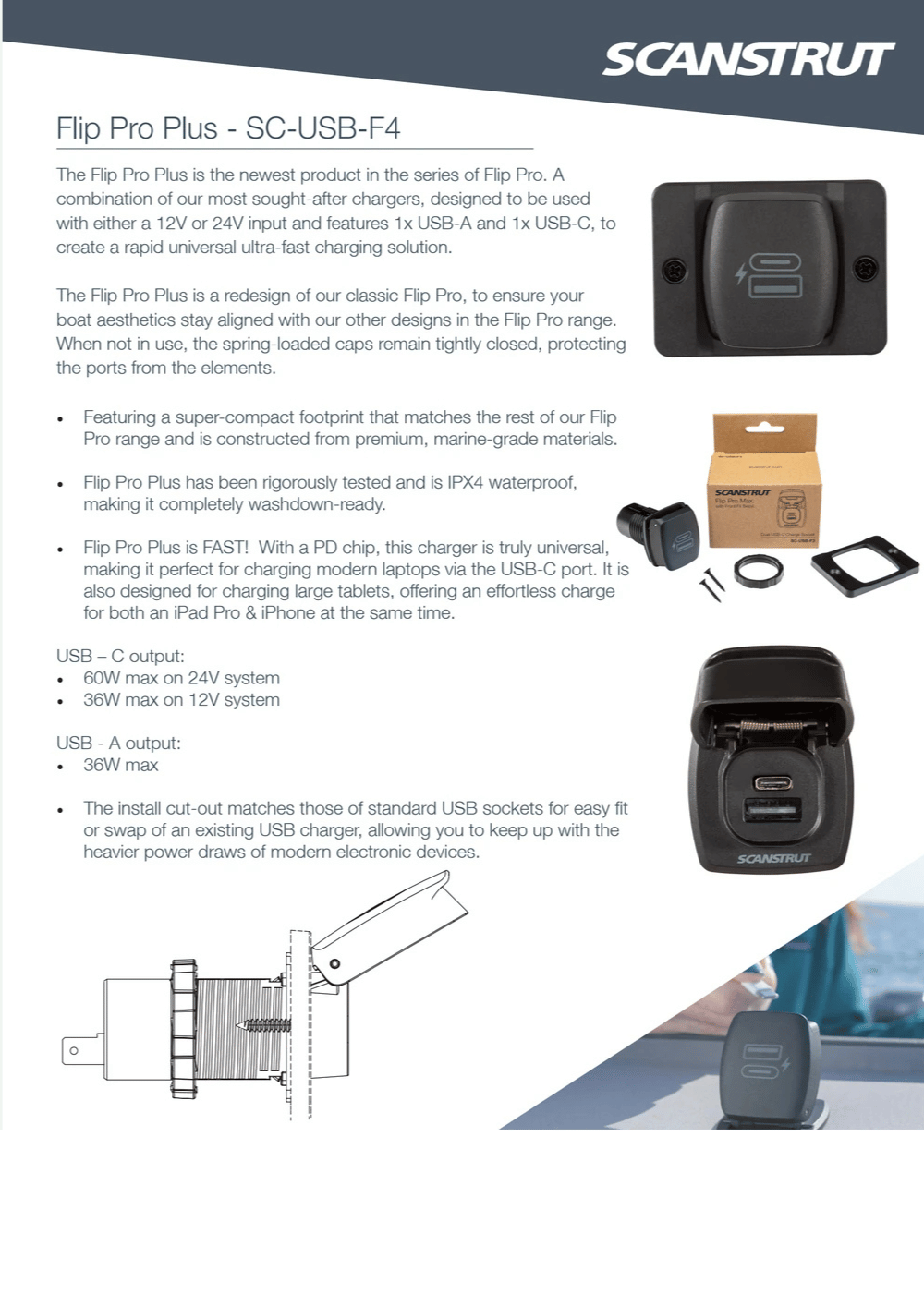 Feature sheet for Scanstrut Flip Pro Plus with power specifications