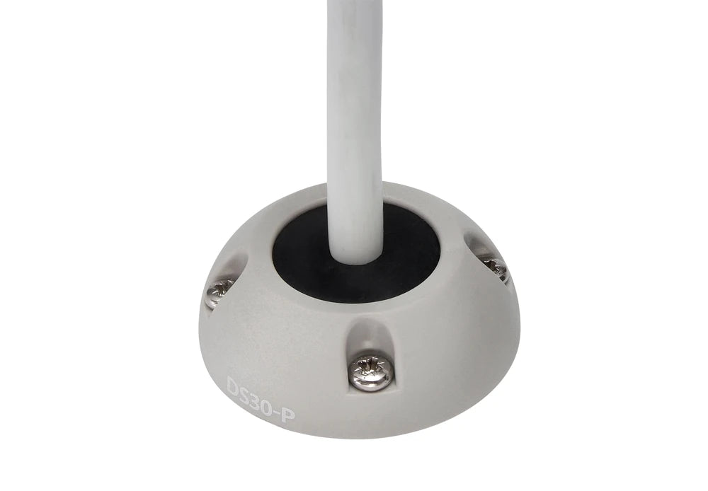 Grey dome-shaped marine cable seal with a white cable and black rubber bung