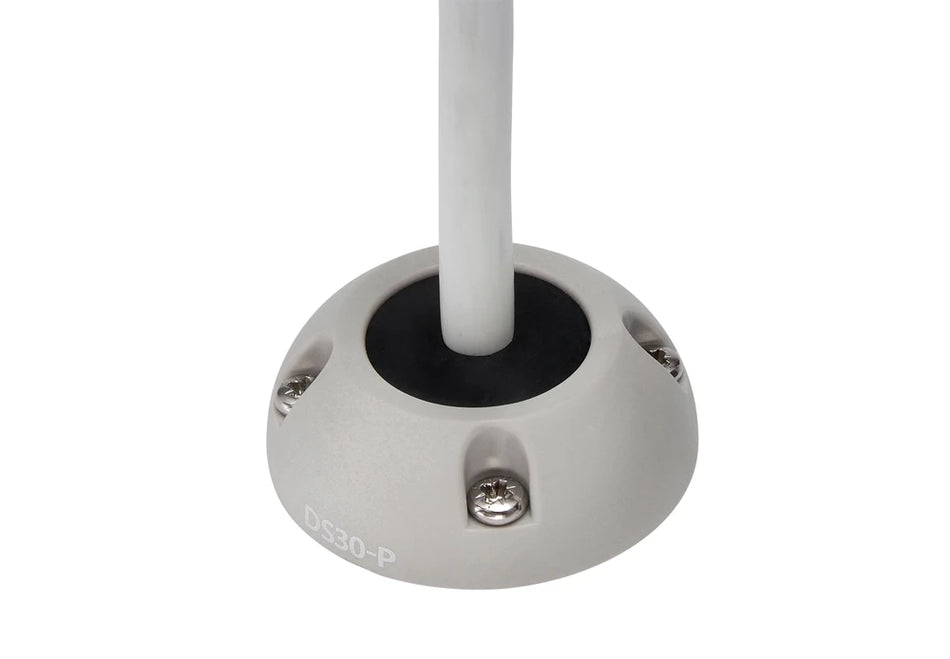 Grey dome-shaped marine cable seal with a white cable and black rubber bung