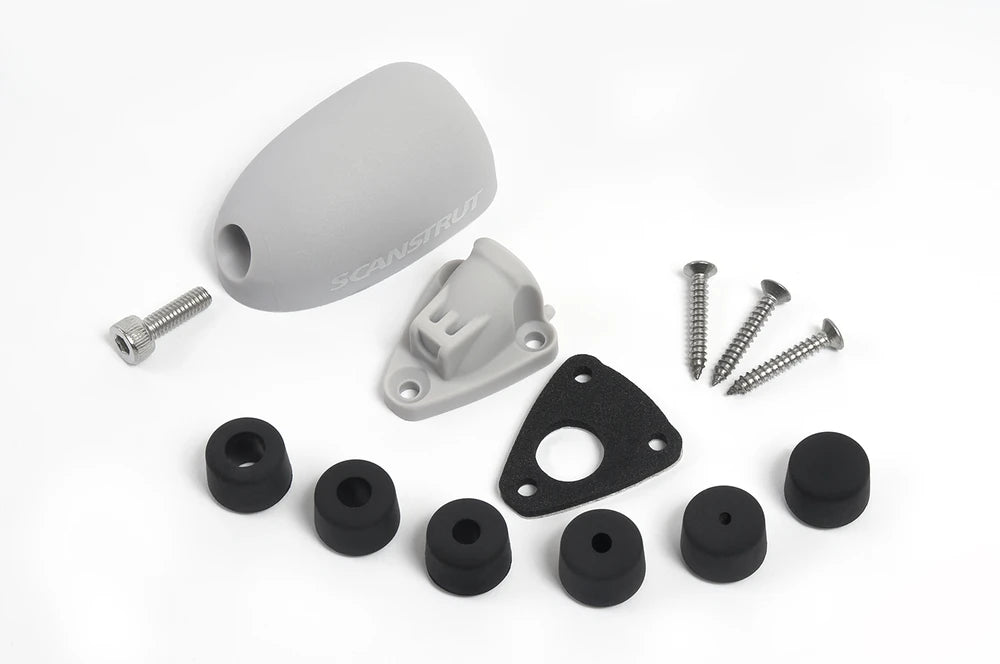 Exploded view of grey cable seal parts including shell, base, gasket and bungs